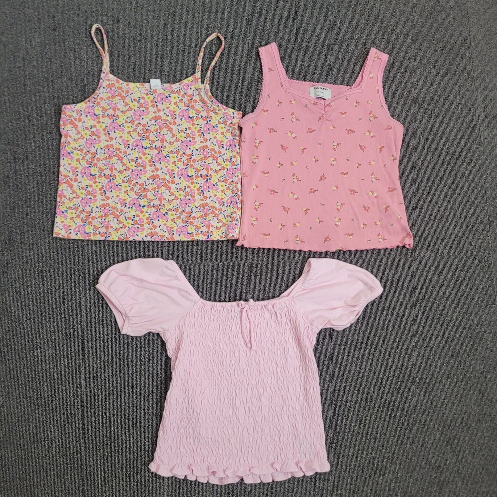 Old Navy XL Girls Top Bundle Pink Floral Smocked Puff Sleeve Tank Cami 3pc